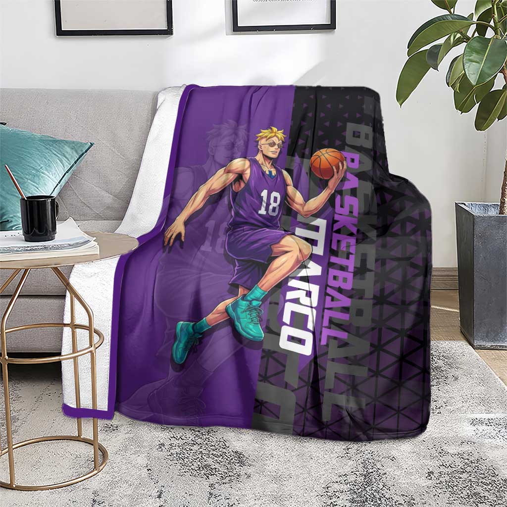 Marco One Piece Basketball Theme Purple and Black Design Blanket with Phoenix Emblem and Action Pose - The Mazicc
