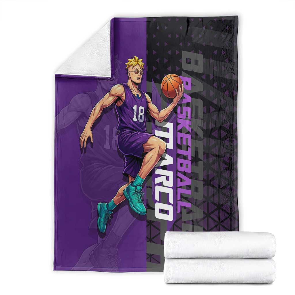 Marco One Piece Basketball Theme Purple and Black Design Blanket with Phoenix Emblem and Action Pose - The Mazicc