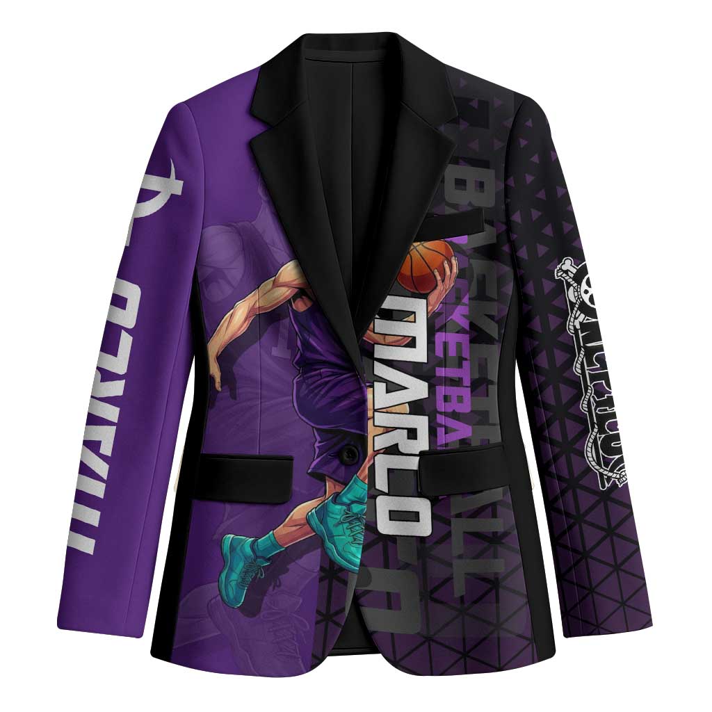 Marco One Piece Basketball Theme Purple and Black Design Blazer with Phoenix Emblem and Action Pose - The Mazicc