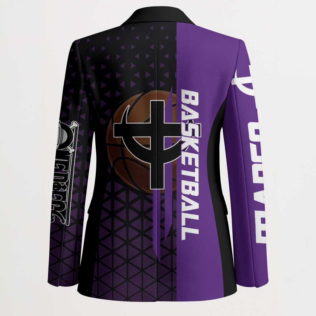Marco One Piece Basketball Theme Purple and Black Design Blazer with Phoenix Emblem and Action Pose - The Mazicc