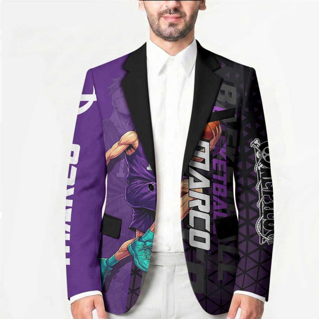 Marco One Piece Basketball Theme Purple and Black Design Blazer with Phoenix Emblem and Action Pose - The Mazicc