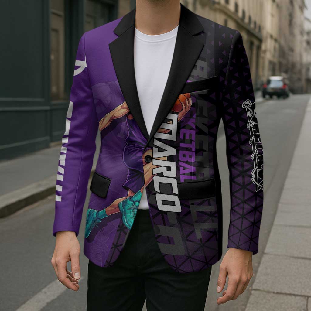 Marco One Piece Basketball Theme Purple and Black Design Blazer with Phoenix Emblem and Action Pose - The Mazicc
