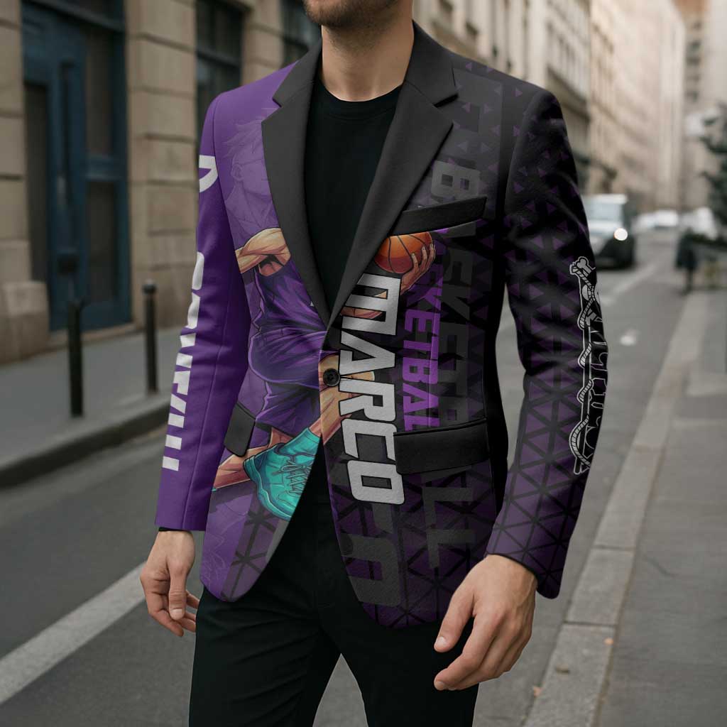 Marco One Piece Basketball Theme Purple and Black Design Blazer with Phoenix Emblem and Action Pose - The Mazicc