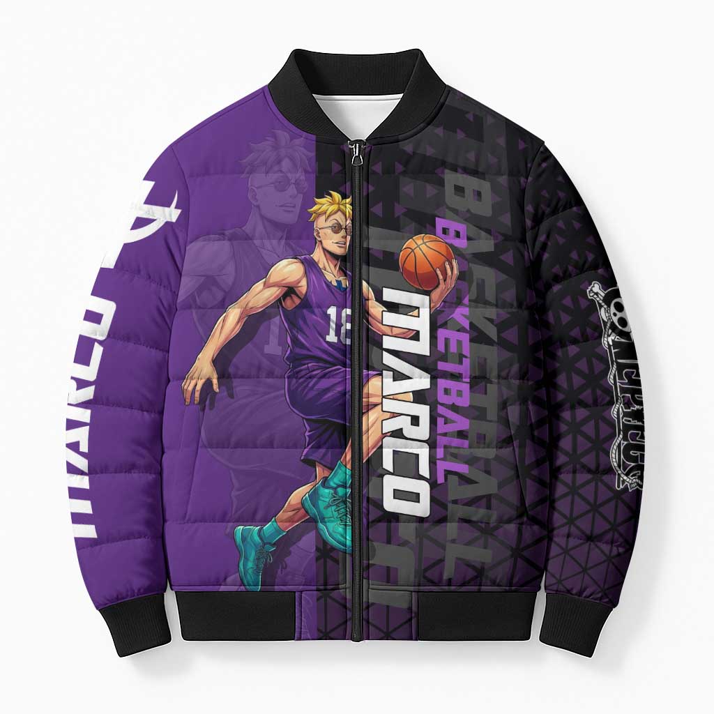 Marco One Piece Basketball Theme Purple and Black Design Bomber Puffer Jacket with Phoenix Emblem and Action Pose - The Mazicc
