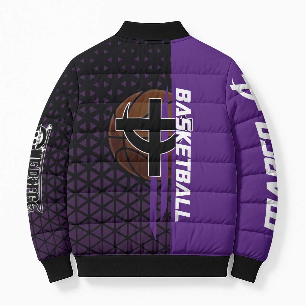 Marco One Piece Basketball Theme Purple and Black Design Bomber Puffer Jacket with Phoenix Emblem and Action Pose - The Mazicc