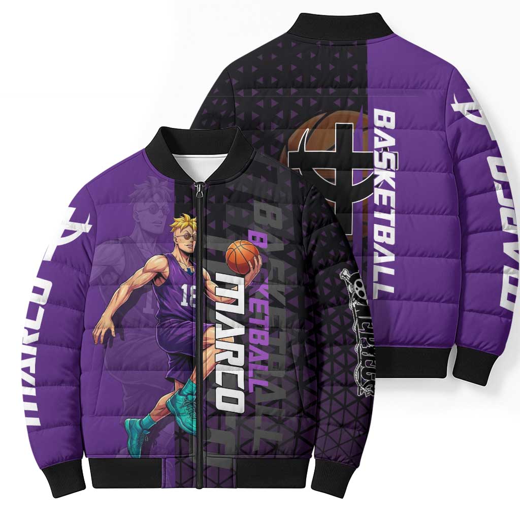 Marco One Piece Basketball Theme Purple and Black Design Bomber Puffer Jacket with Phoenix Emblem and Action Pose - The Mazicc