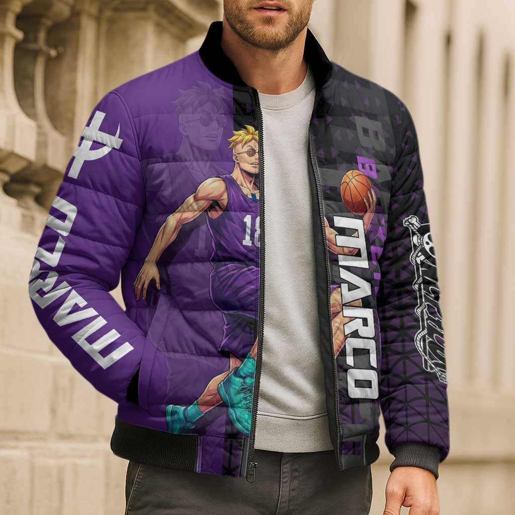 Marco One Piece Basketball Theme Purple and Black Design Bomber Puffer Jacket with Phoenix Emblem and Action Pose - The Mazicc