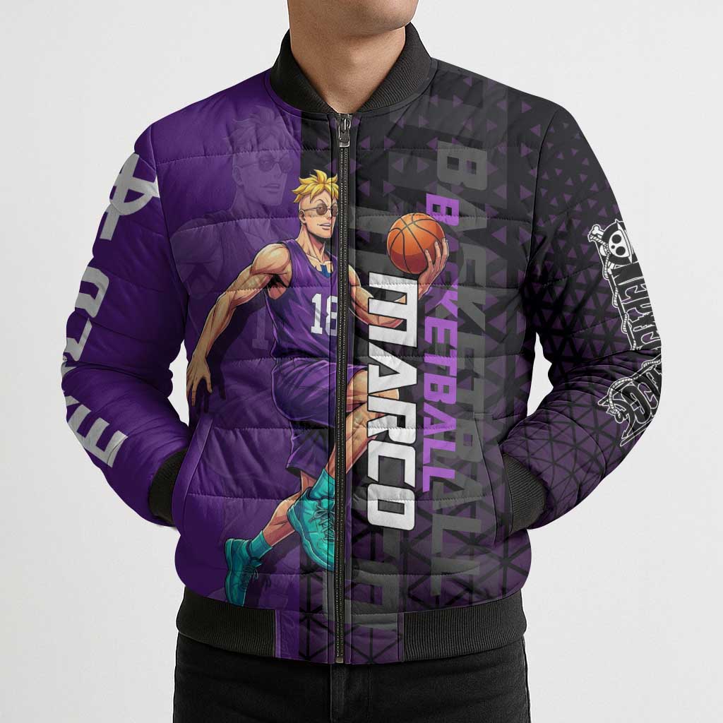 Marco One Piece Basketball Theme Purple and Black Design Bomber Puffer Jacket with Phoenix Emblem and Action Pose - The Mazicc