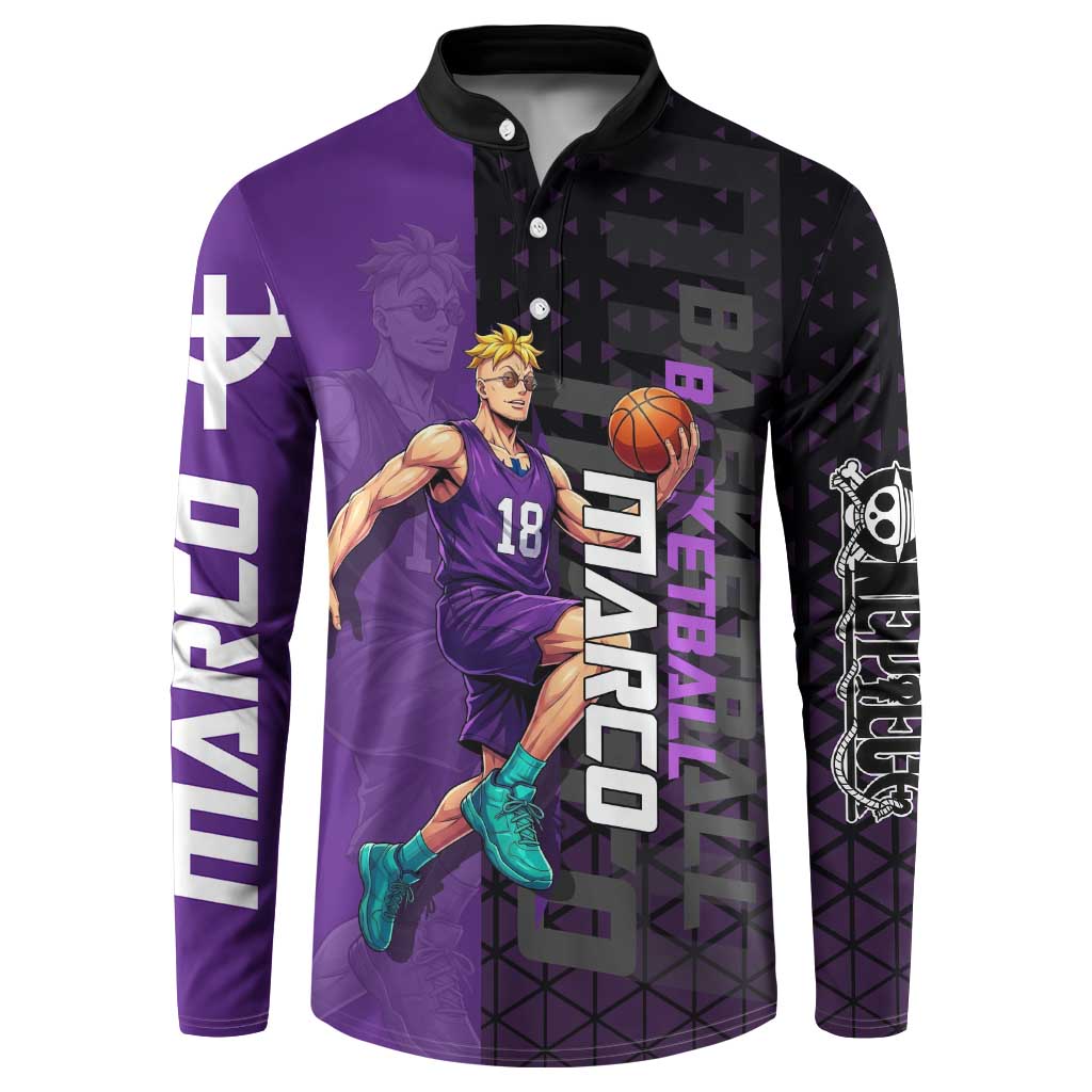 Marco One Piece Basketball Theme Purple and Black Design Button Sweatshirt with Phoenix Emblem and Action Pose - The Mazicc