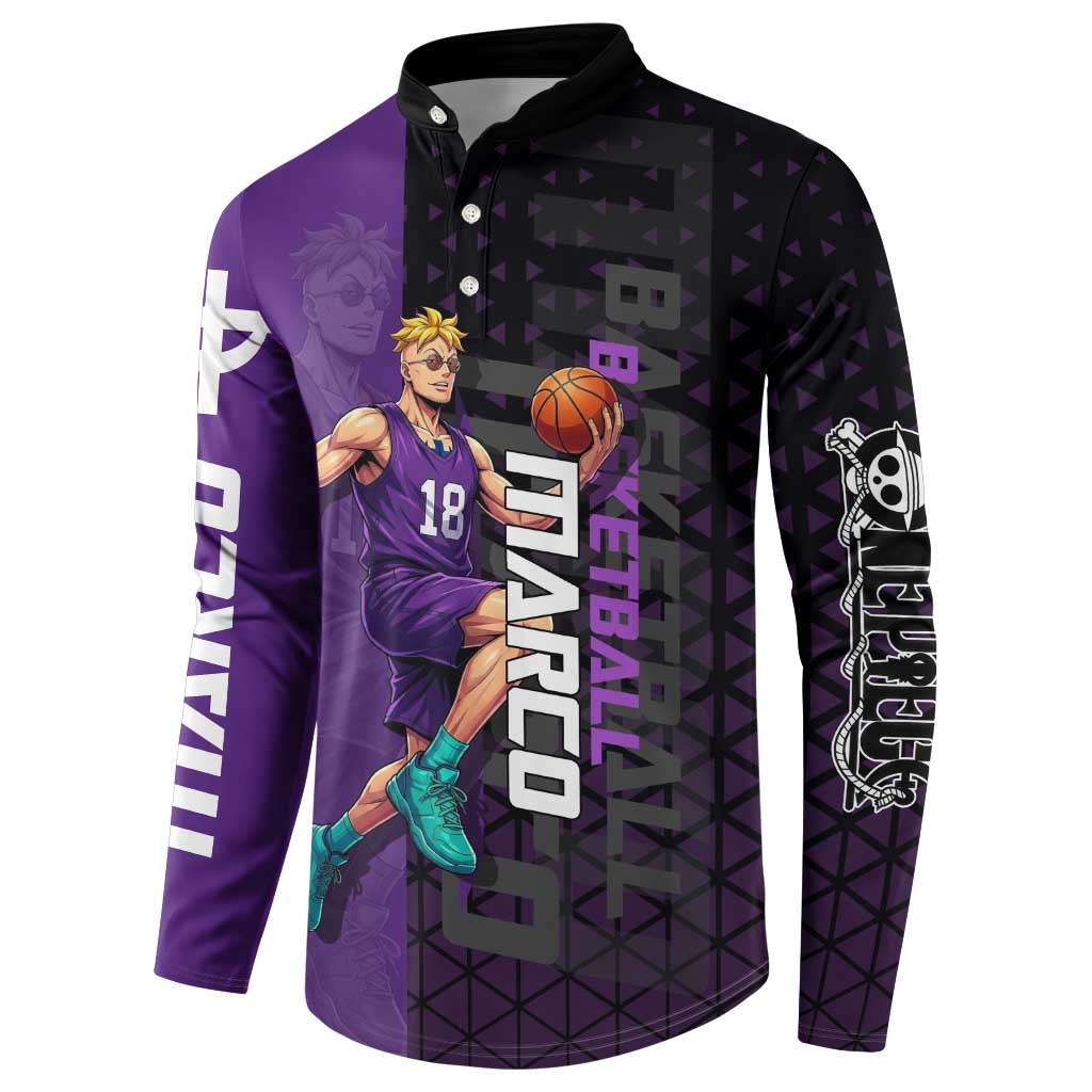 Marco One Piece Basketball Theme Purple and Black Design Button Sweatshirt with Phoenix Emblem and Action Pose - The Mazicc