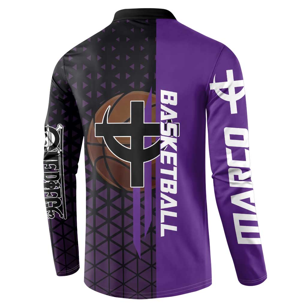 Marco One Piece Basketball Theme Purple and Black Design Button Sweatshirt with Phoenix Emblem and Action Pose - The Mazicc