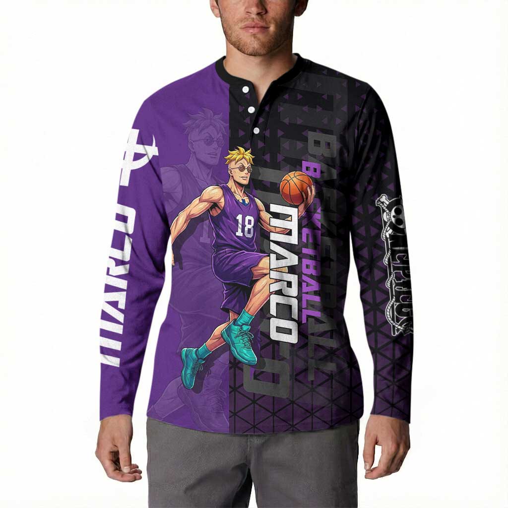 Marco One Piece Basketball Theme Purple and Black Design Button Sweatshirt with Phoenix Emblem and Action Pose - The Mazicc