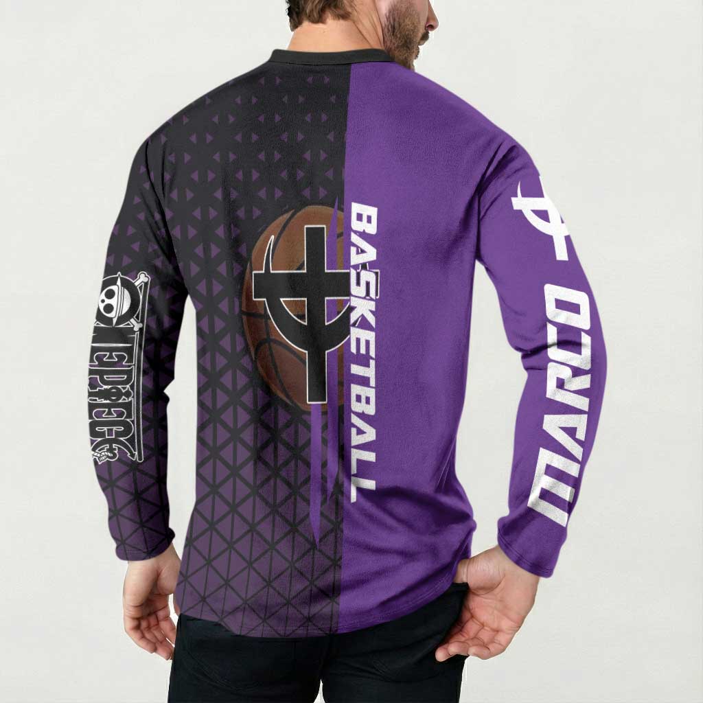 Marco One Piece Basketball Theme Purple and Black Design Button Sweatshirt with Phoenix Emblem and Action Pose - The Mazicc
