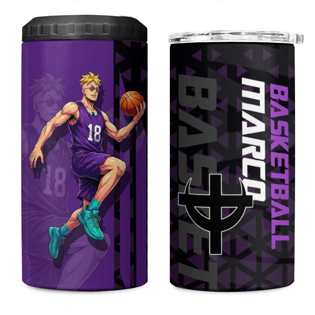 Marco One Piece Basketball Theme Purple and Black Design 4 in 1 Can Cooler Tumbler with Phoenix Emblem and Action Pose - The Mazicc
