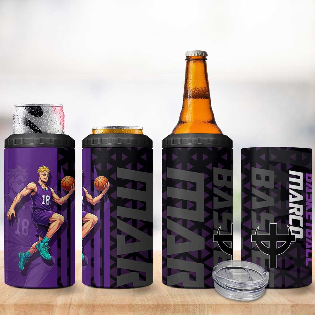 Marco One Piece Basketball Theme Purple and Black Design 4 in 1 Can Cooler Tumbler with Phoenix Emblem and Action Pose - The Mazicc