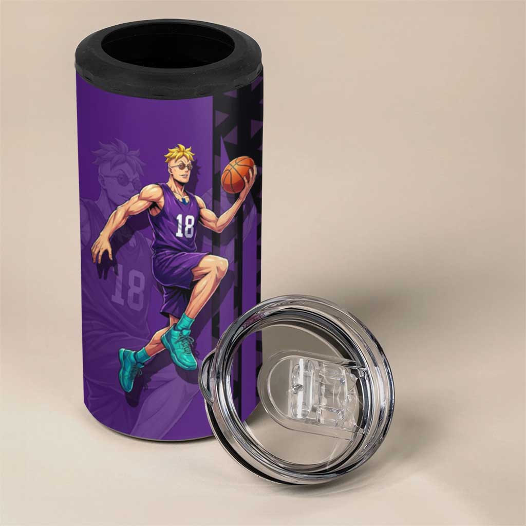 Marco One Piece Basketball Theme Purple and Black Design 4 in 1 Can Cooler Tumbler with Phoenix Emblem and Action Pose - The Mazicc