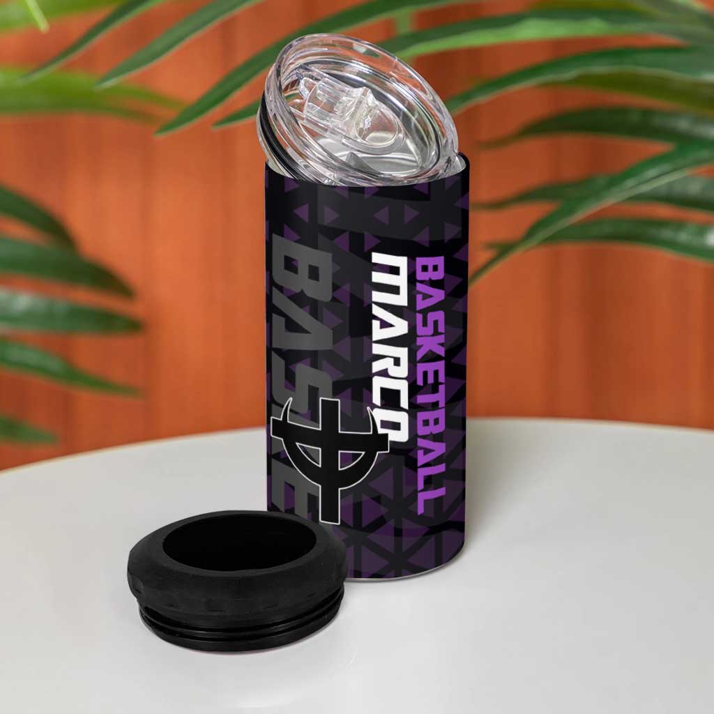 Marco One Piece Basketball Theme Purple and Black Design 4 in 1 Can Cooler Tumbler with Phoenix Emblem and Action Pose - The Mazicc