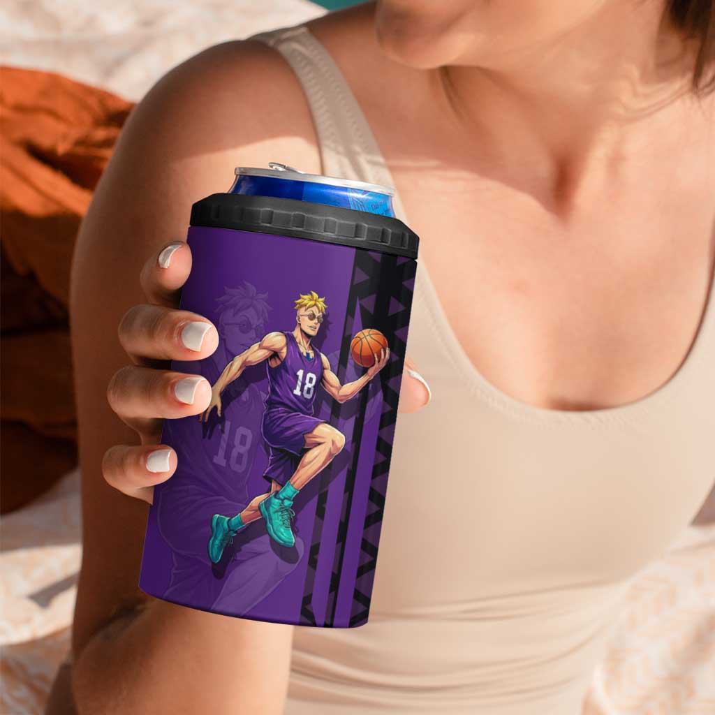 Marco One Piece Basketball Theme Purple and Black Design 4 in 1 Can Cooler Tumbler with Phoenix Emblem and Action Pose - The Mazicc