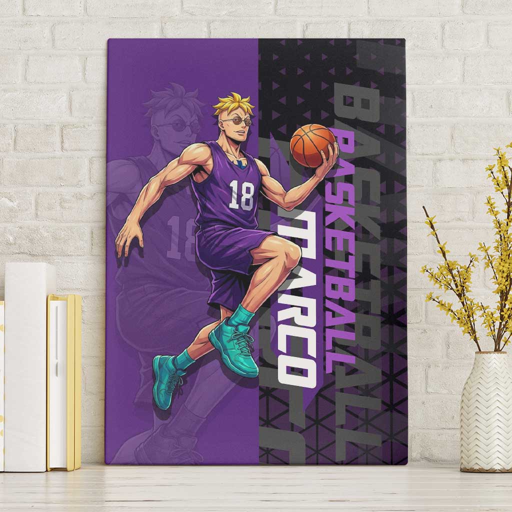 Marco One Piece Basketball Theme Purple and Black Design Canvas Wall Art with Phoenix Emblem and Action Pose - The Mazicc