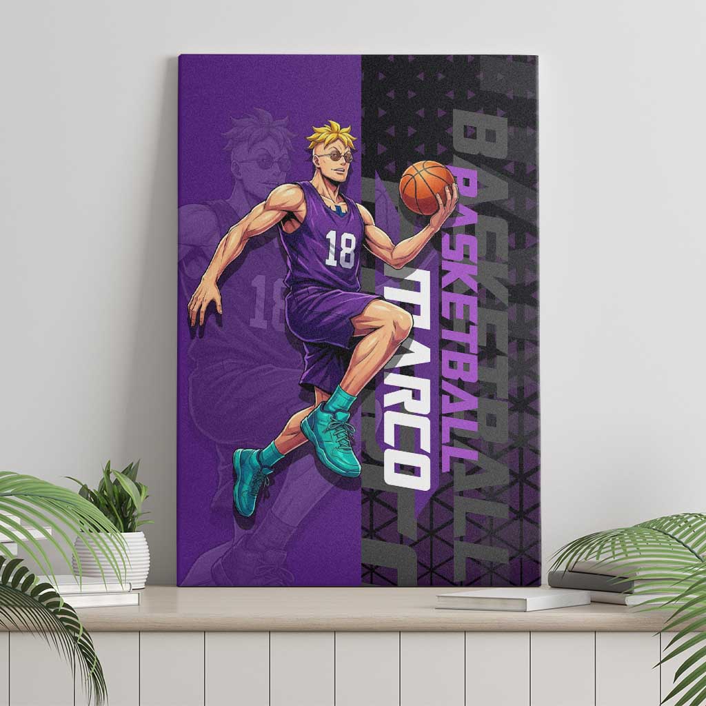 Marco One Piece Basketball Theme Purple and Black Design Canvas Wall Art with Phoenix Emblem and Action Pose - The Mazicc