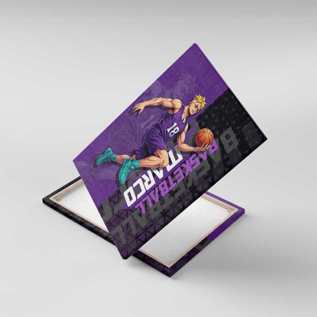 Marco One Piece Basketball Theme Purple and Black Design Canvas Wall Art with Phoenix Emblem and Action Pose - The Mazicc