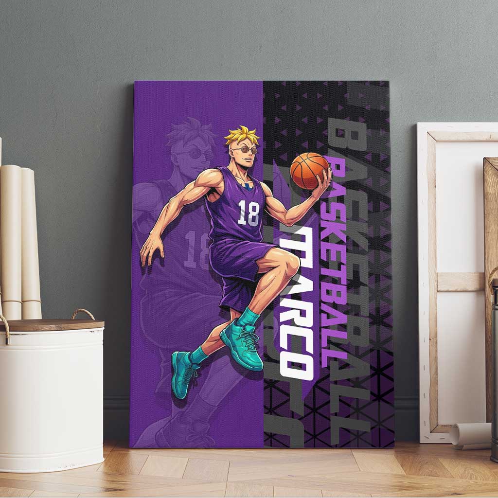 Marco One Piece Basketball Theme Purple and Black Design Canvas Wall Art with Phoenix Emblem and Action Pose - The Mazicc
