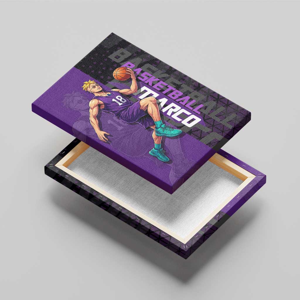 Marco One Piece Basketball Theme Purple and Black Design Canvas Wall Art with Phoenix Emblem and Action Pose - The Mazicc