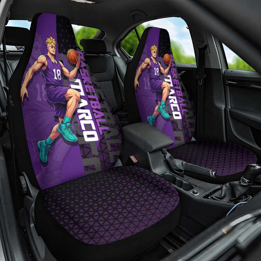 Marco One Piece Basketball Theme Purple and Black Design Car Seat Cover with Phoenix Emblem and Action Pose - The Mazicc