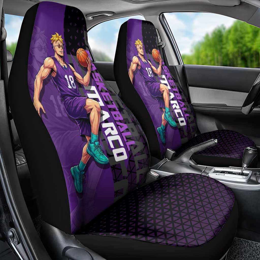 Marco One Piece Basketball Theme Purple and Black Design Car Seat Cover with Phoenix Emblem and Action Pose - The Mazicc