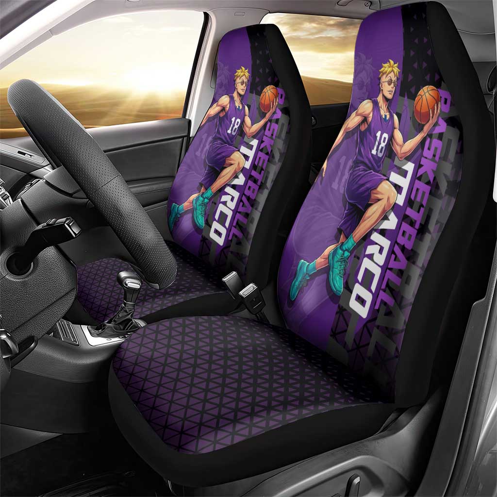 Marco One Piece Basketball Theme Purple and Black Design Car Seat Cover with Phoenix Emblem and Action Pose - The Mazicc