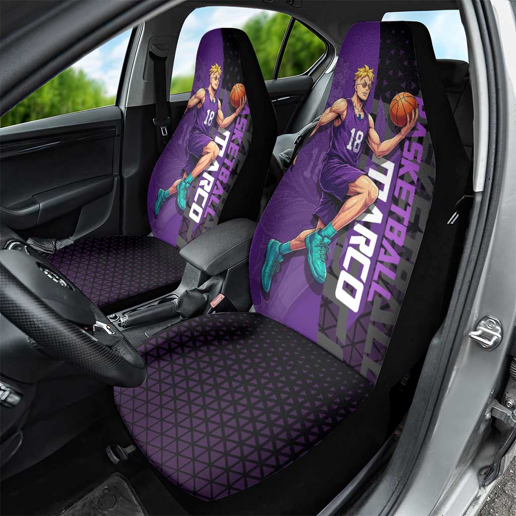 Marco One Piece Basketball Theme Purple and Black Design Car Seat Cover with Phoenix Emblem and Action Pose - The Mazicc