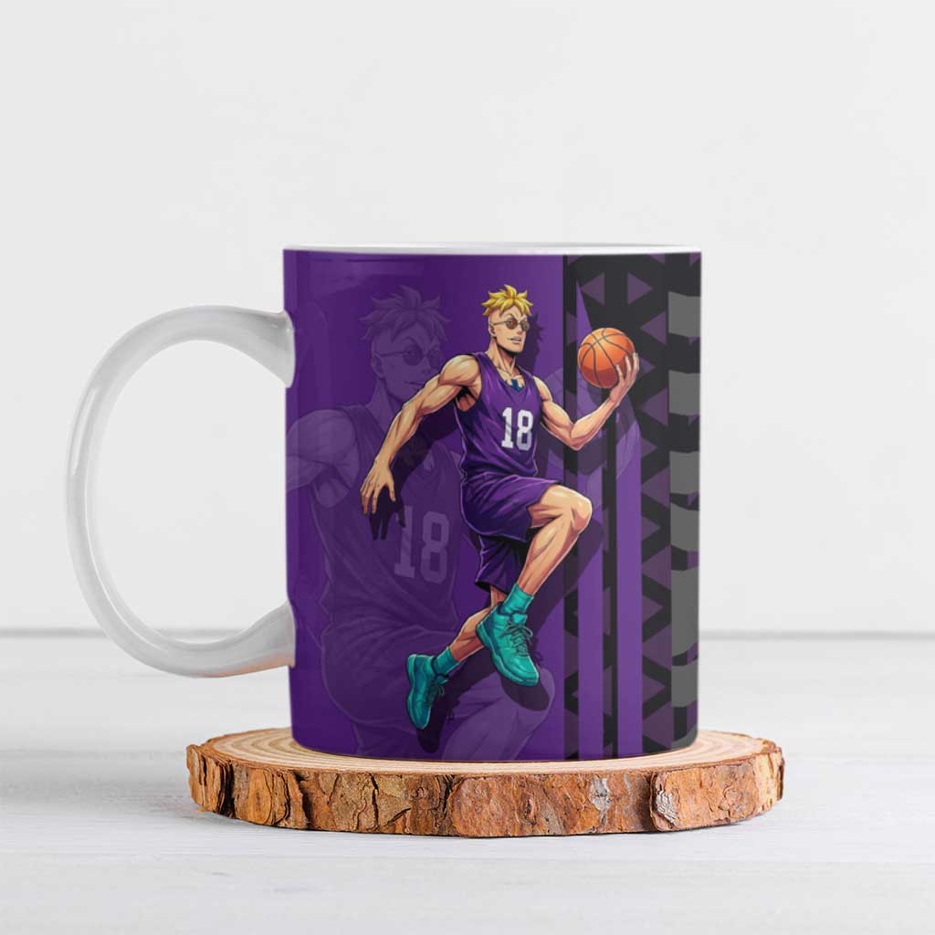 Marco One Piece Basketball Theme Purple and Black Design Ceramic Mug with Phoenix Emblem and Action Pose - The Mazicc