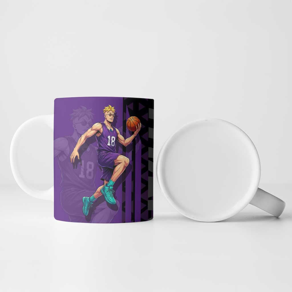 Marco One Piece Basketball Theme Purple and Black Design Ceramic Mug with Phoenix Emblem and Action Pose - The Mazicc