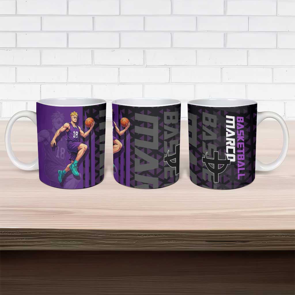 Marco One Piece Basketball Theme Purple and Black Design Ceramic Mug with Phoenix Emblem and Action Pose - The Mazicc