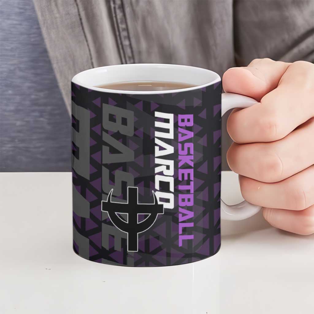 Marco One Piece Basketball Theme Purple and Black Design Ceramic Mug with Phoenix Emblem and Action Pose - The Mazicc