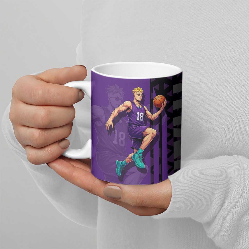 Marco One Piece Basketball Theme Purple and Black Design Ceramic Mug with Phoenix Emblem and Action Pose - The Mazicc