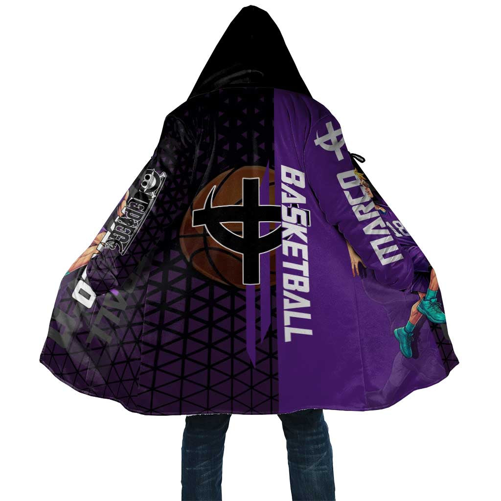 Marco One Piece Basketball Theme Purple and Black Design Cloak with Phoenix Emblem and Action Pose - The Mazicc