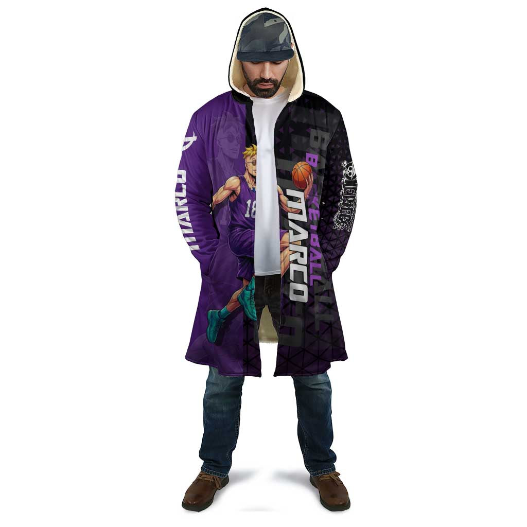 Marco One Piece Basketball Theme Purple and Black Design Cloak with Phoenix Emblem and Action Pose - The Mazicc
