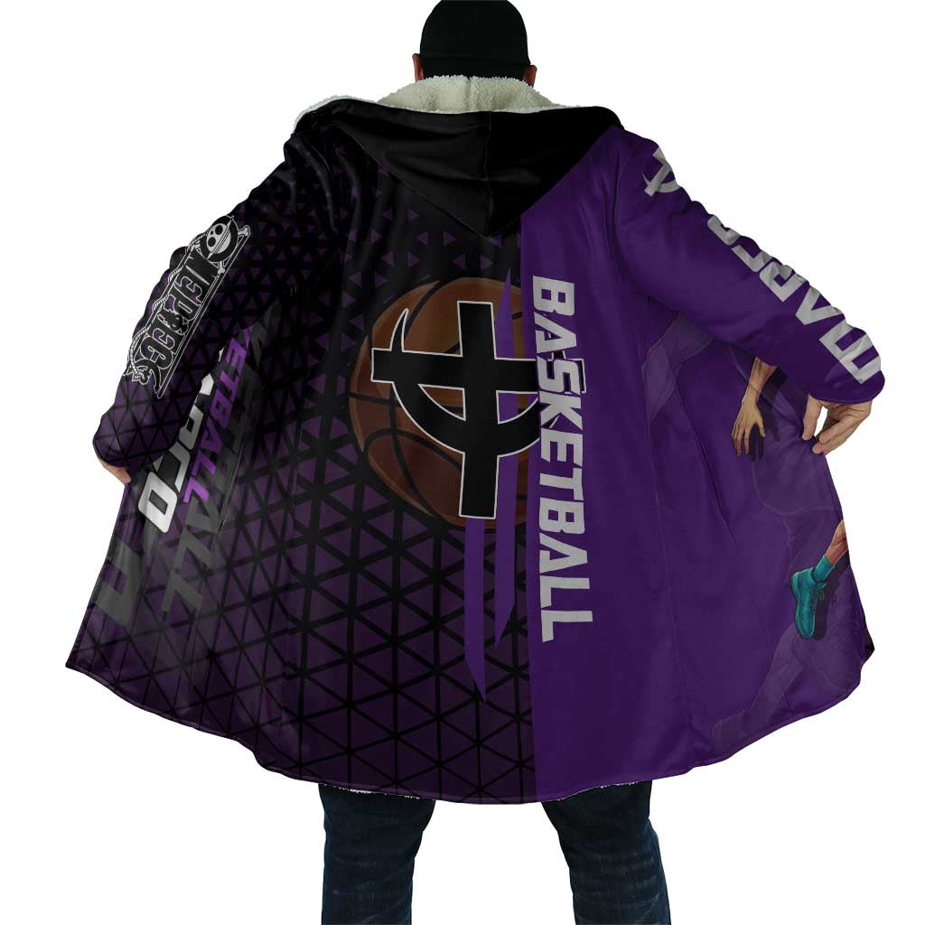 Marco One Piece Basketball Theme Purple and Black Design Cloak with Phoenix Emblem and Action Pose - The Mazicc