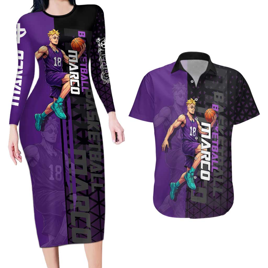 Marco One Piece Basketball Theme Purple and Black Design Couples Matching Long Sleeve Bodycon Dress and Hawaiian Shirt with Phoenix Emblem and Action Pose - The Mazicc