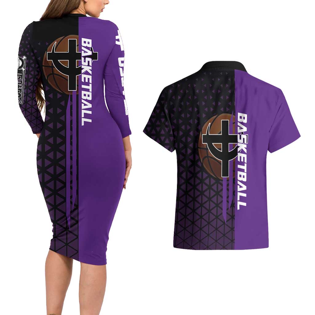 Marco One Piece Basketball Theme Purple and Black Design Couples Matching Long Sleeve Bodycon Dress and Hawaiian Shirt with Phoenix Emblem and Action Pose - The Mazicc