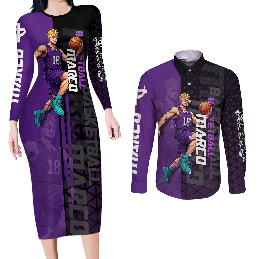 Marco One Piece Basketball Theme Purple and Black Design Couples Matching Long Sleeve Bodycon Dress and Long Sleeve Button Shirt with Phoenix Emblem and Action Pose - The Mazicc