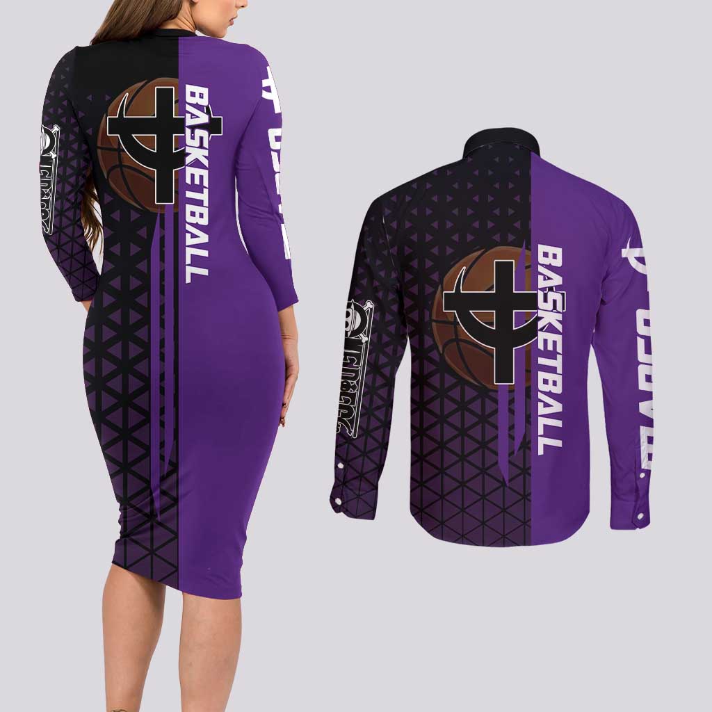 Marco One Piece Basketball Theme Purple and Black Design Couples Matching Long Sleeve Bodycon Dress and Long Sleeve Button Shirt with Phoenix Emblem and Action Pose - The Mazicc