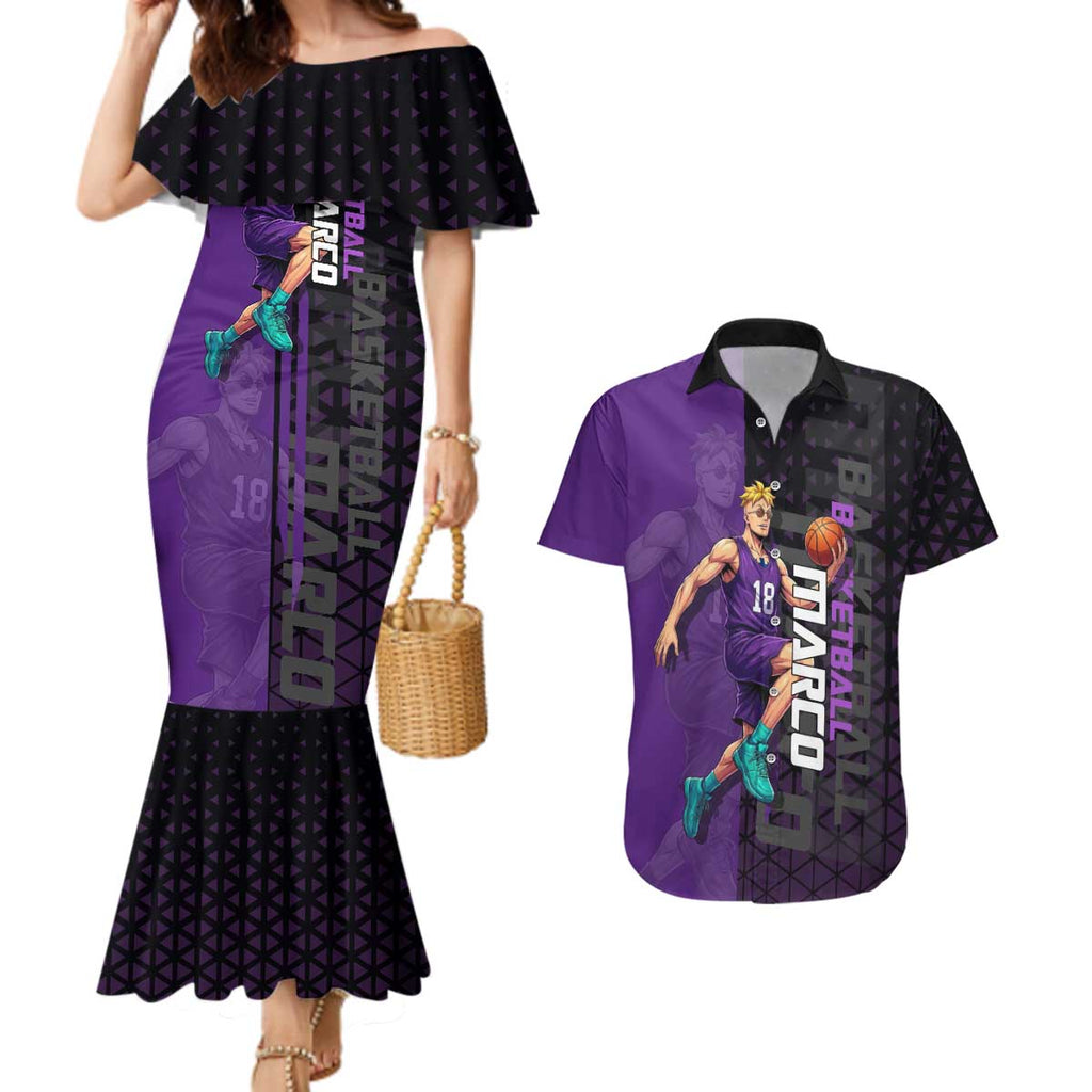 Marco One Piece Basketball Theme Purple and Black Design Couples Matching Mermaid Dress and Hawaiian Shirt with Phoenix Emblem and Action Pose - The Mazicc