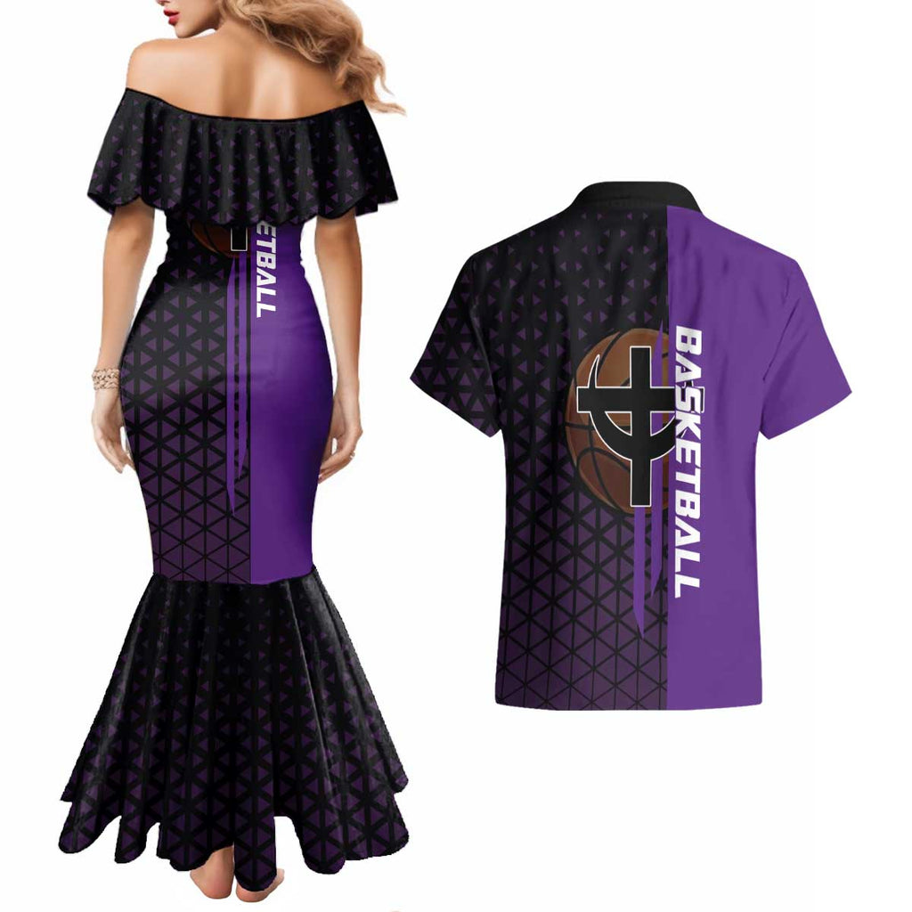 Marco One Piece Basketball Theme Purple and Black Design Couples Matching Mermaid Dress and Hawaiian Shirt with Phoenix Emblem and Action Pose - The Mazicc