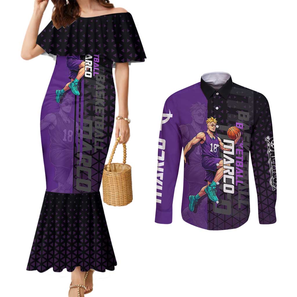 Marco One Piece Basketball Theme Purple and Black Design Couples Matching Mermaid Dress and Long Sleeve Button Shirt with Phoenix Emblem and Action Pose - The Mazicc