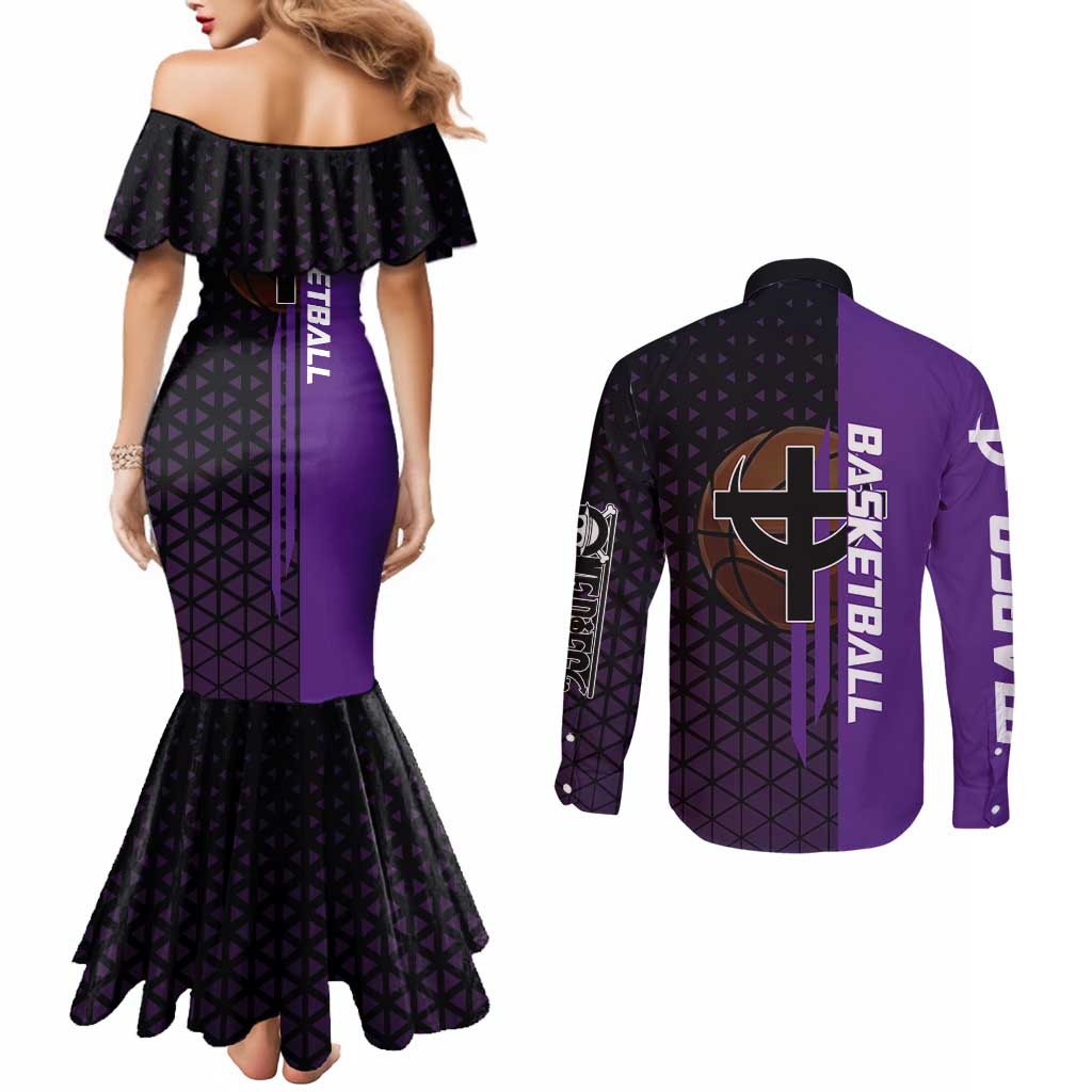Marco One Piece Basketball Theme Purple and Black Design Couples Matching Mermaid Dress and Long Sleeve Button Shirt with Phoenix Emblem and Action Pose - The Mazicc