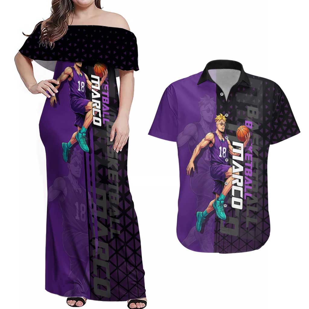 Marco One Piece Basketball Theme Purple and Black Design Couples Matching Off Shoulder Maxi Dress and Hawaiian Shirt with Phoenix Emblem and Action Pose - The Mazicc