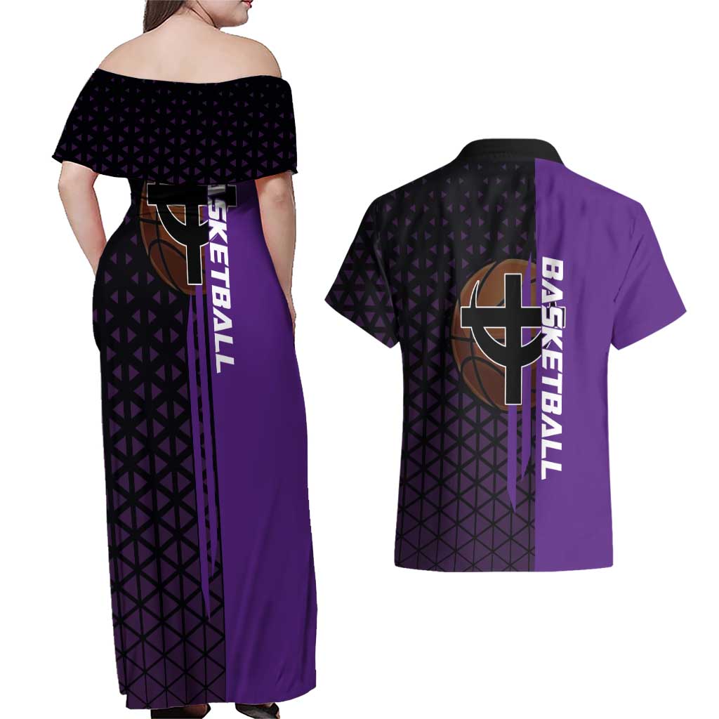 Marco One Piece Basketball Theme Purple and Black Design Couples Matching Off Shoulder Maxi Dress and Hawaiian Shirt with Phoenix Emblem and Action Pose - The Mazicc