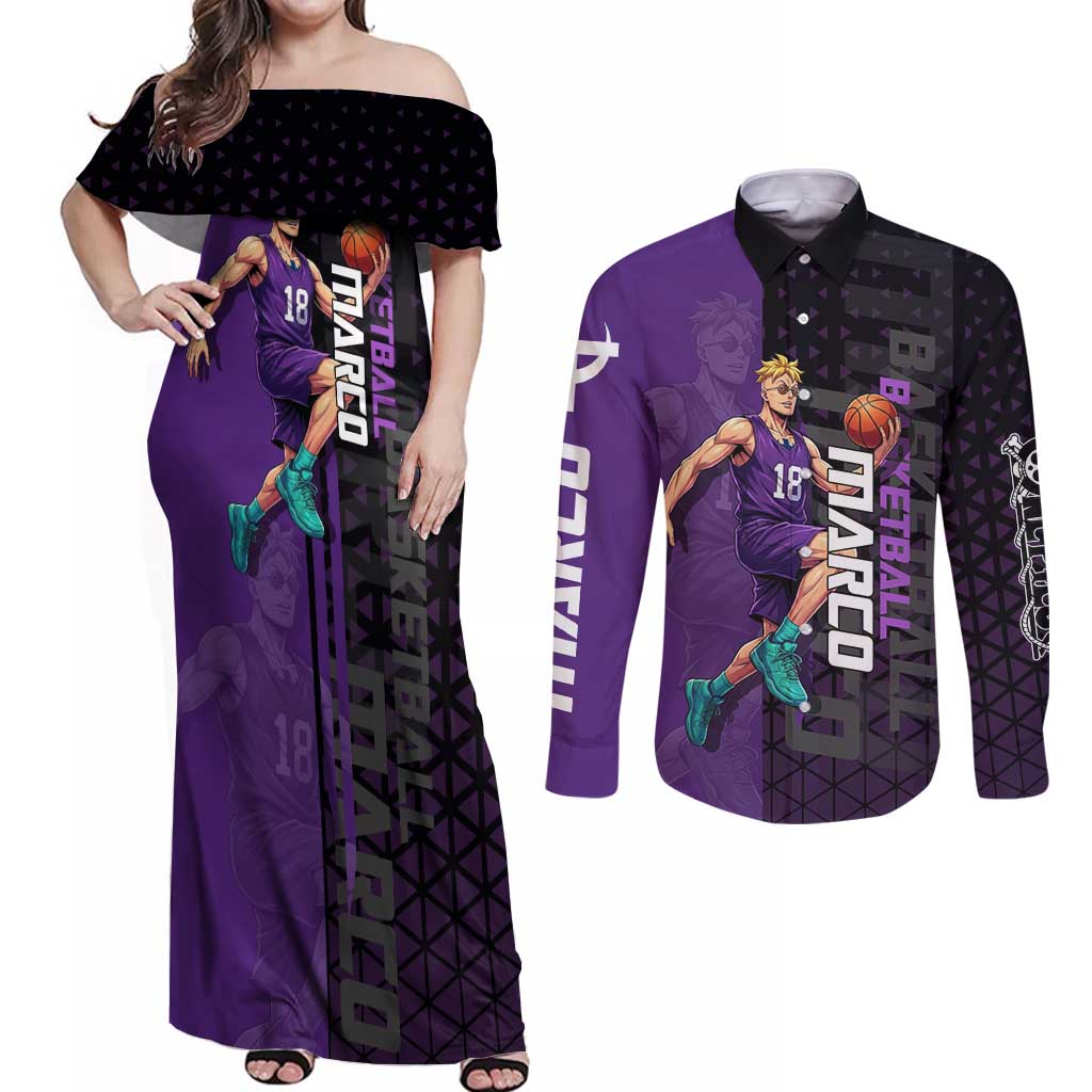 Marco One Piece Basketball Theme Purple and Black Design Couples Matching Off Shoulder Maxi Dress and Long Sleeve Button Shirt with Phoenix Emblem and Action Pose - The Mazicc